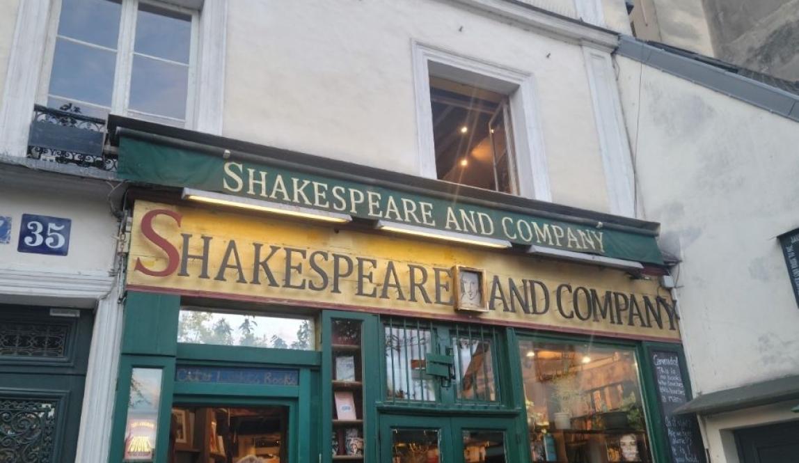 The exterior of the small bookstore Shakespeare and Company.