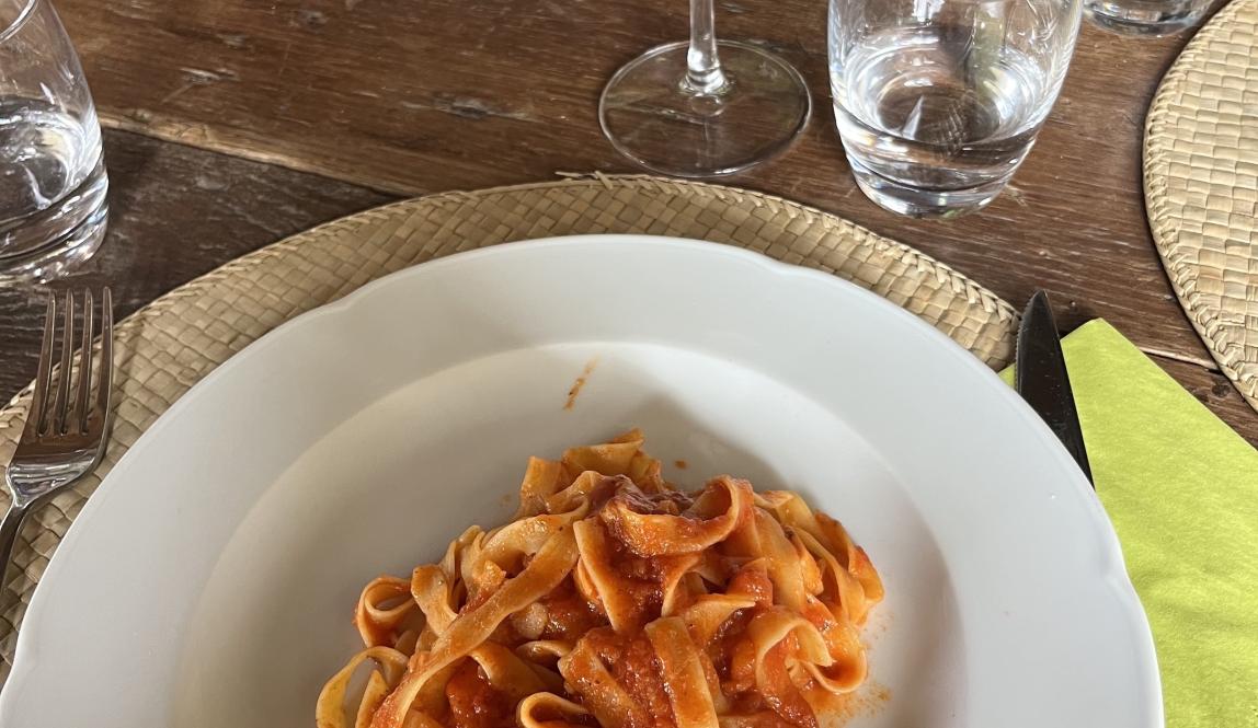 Pasta with red sauce at a local Tuscan winery 