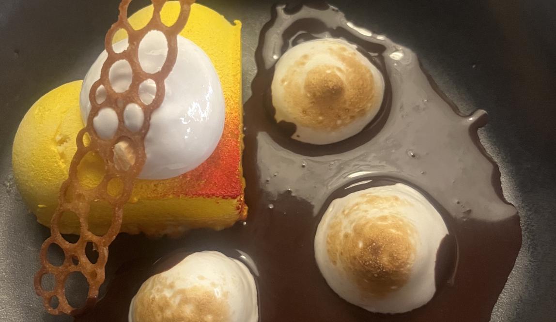 Dessert from a restaurant in Florence, citrus tart, chocolate, and meringue 
