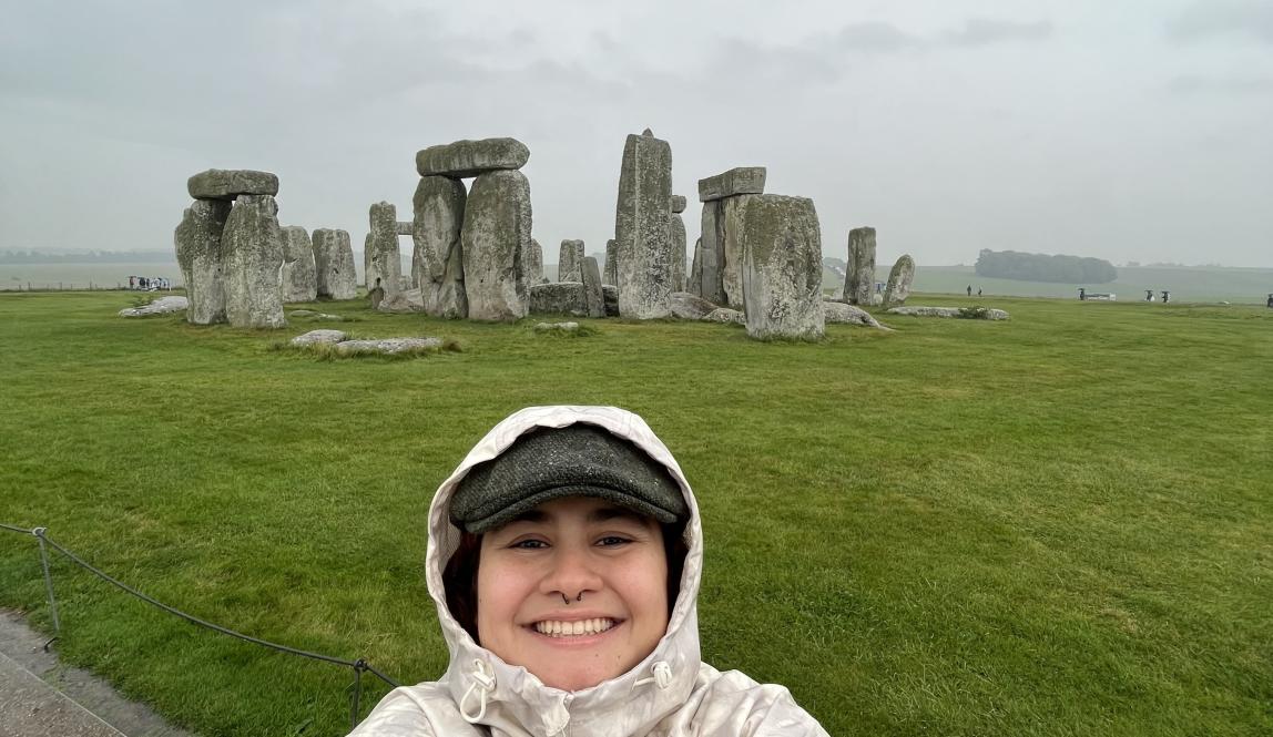 Paulina is seen with the Stonehenge stones. 