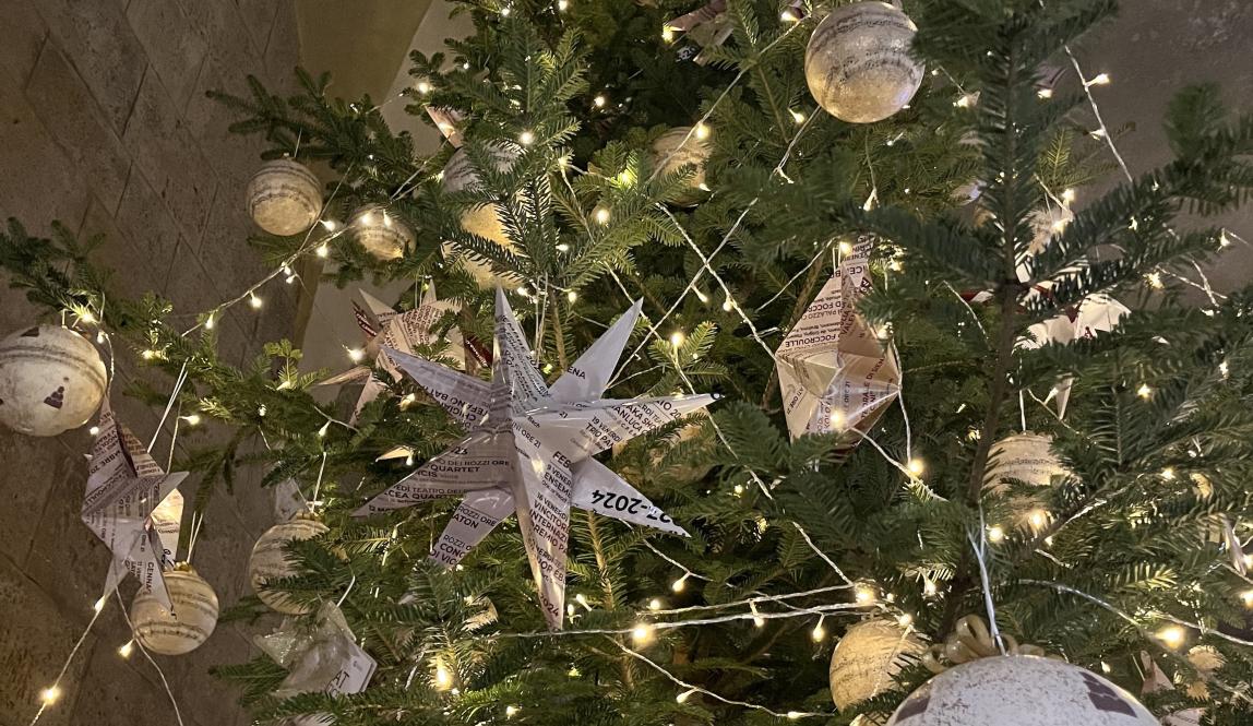 Photo of ornaments on a Christmas tree  