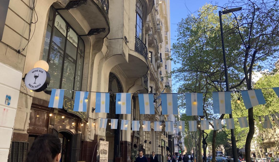 The streets of Buenos Aires with the Argentinian flag