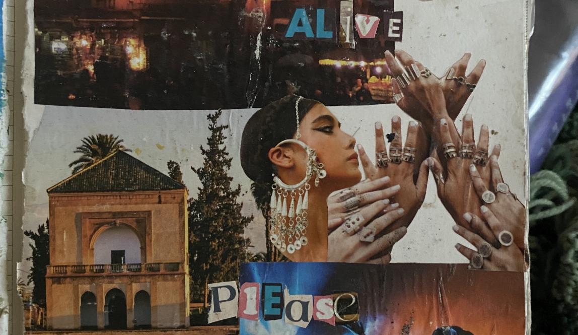 A vertical journal page collaged with pictures from a magazine. At the top is an embroidery border above a storefront at sunset. Below this is a building with a green tile roof and a pond. In the bottom right is a picture of lights in a nightclub, with a girl reaching out her hand. At center right is a young woman's head, wearing ornate Amazigh jewelry, and several hands wearing ornate rings. The words "how wonderful it is to be alive, please forgive me for forgetting" are collaged out of individual letters