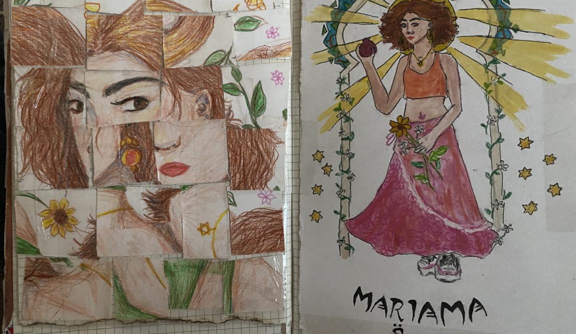 A two-page journal spread. On the left is a colored pencil self-portrait of Mariama in a green tank top with abstracted flowers behind her. It is cut up into tiles and rearranged in a disfigured layout. On the right is a self-portrait in gouache, pen, and colored pencil in the style of Alphonse Mucha. Mariama is framed against a Moroccan mosaic doorway, holding a pomegranate and wildflowers and wearing a flowing pink skirt. Under her feet, ‘Mariama’ is written in an art nouveau font in English and Arabic.