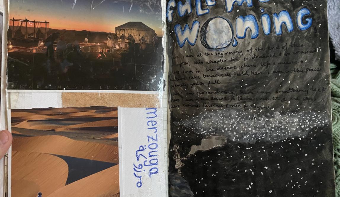 A two-page journal spread. On the left are postcards from Sahara Magic Luxury Camp with pictures of the desert, and 'Merzouga' is written in blue. On the right is a gouache painting of the night sky full of stars, with 'full moon waning' written above.