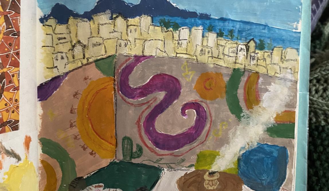 A gouache painting of the view from the roof terrace of Atlantic Hostel in Essaouira. The terrace has colorful rugs on the ground and colorful art on the wall. It looks out over the mountains, city, ocean, and blue sky.