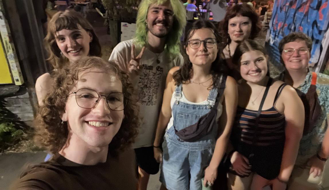 Selfie of seven students on a night out 