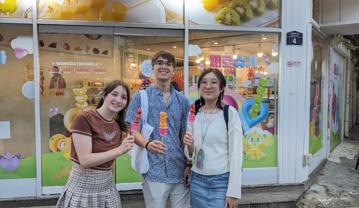Students enjoying dinner after orientation for Yonsei University in Seoul, South Korea