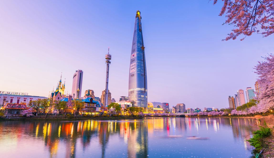 A view of cherry blossoms and the skyline in Seoul, South Korea