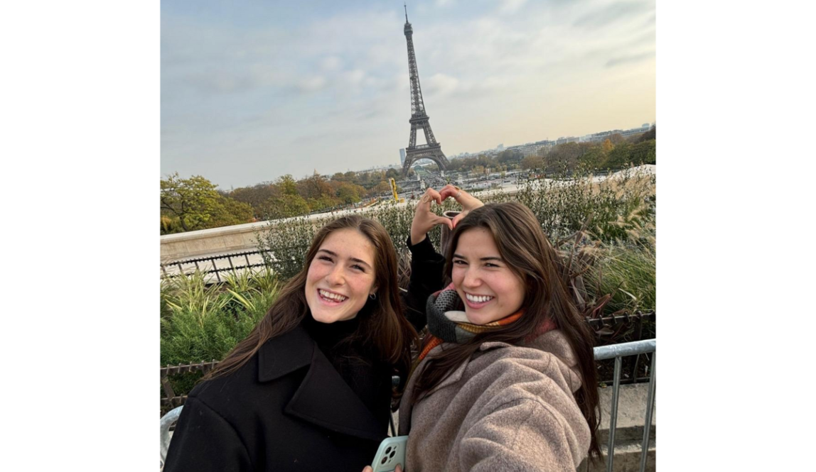 2 girls posing for a selfie in front of Eiffel tower in paris