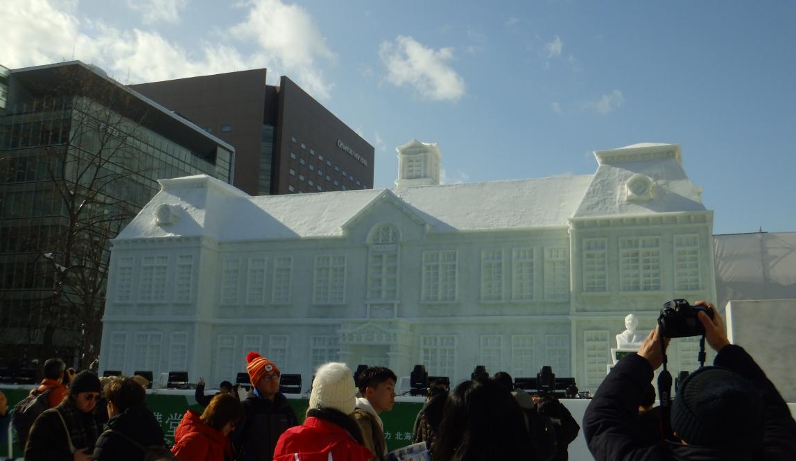 A huge snow sculpture of Furukawa Memorial Hall at the Sapporo Snow Festival
