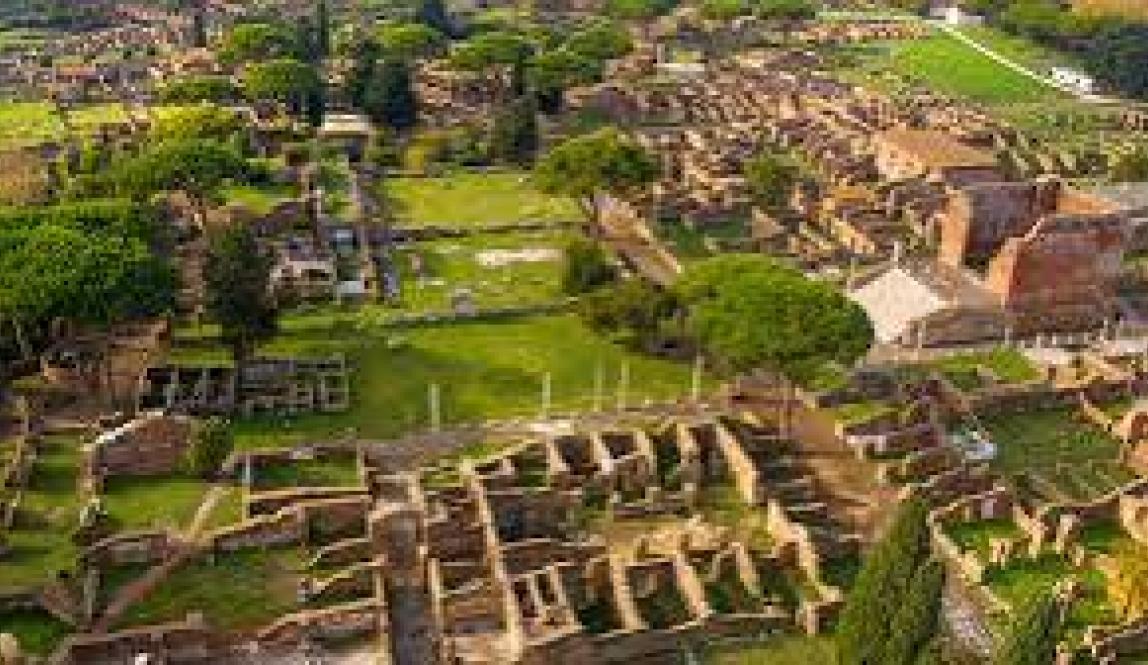 An aerial view of roman ruins at Ostia Antica