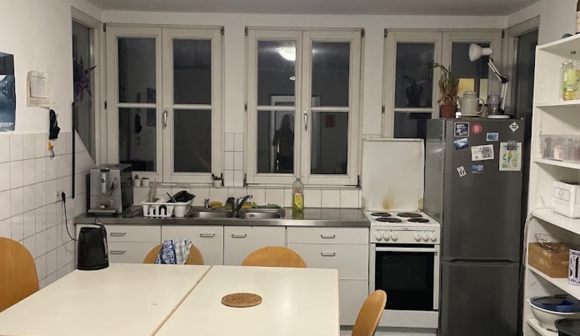 view of a small kitchen with a shelf, refrigerator, sink, windows, central table, and couch