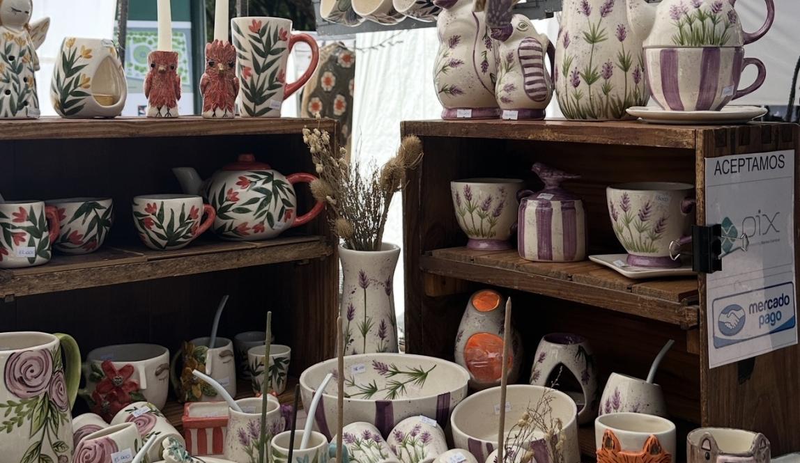 A pottery stall at a crafts market.