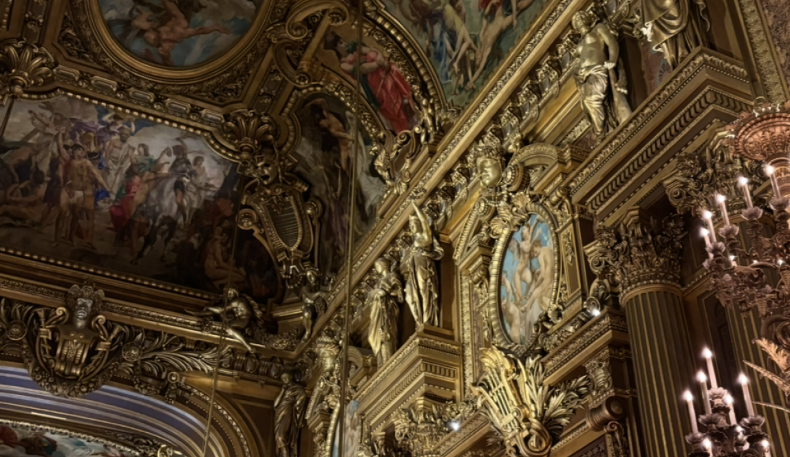 A room inside the Garnier Opera House with lots of paintings and gold features