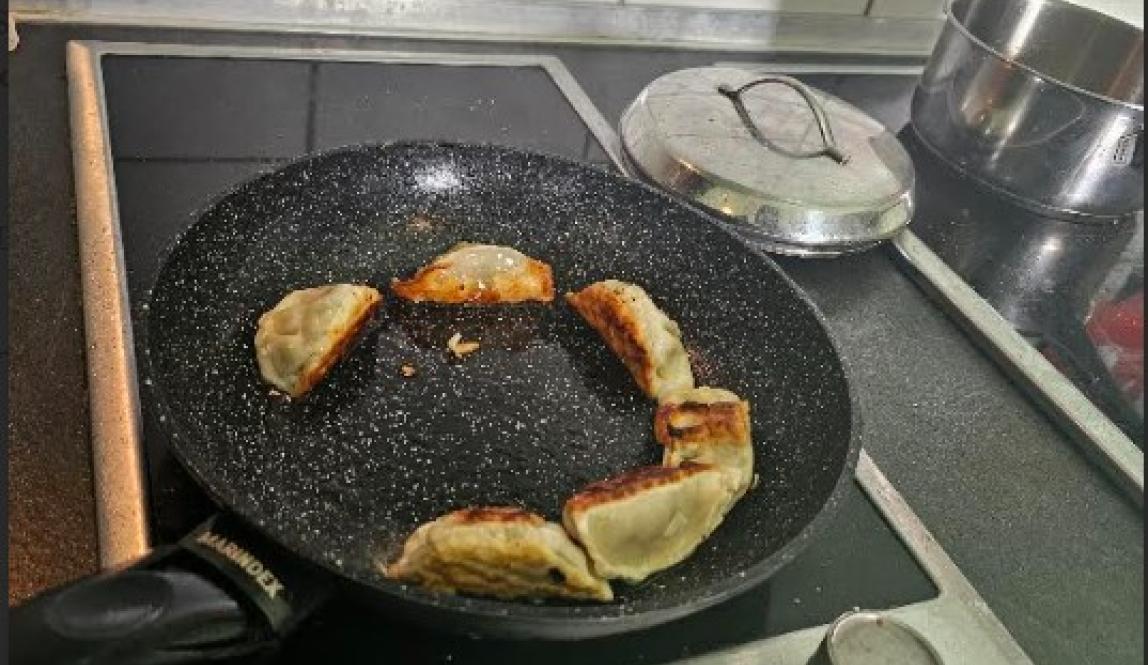 A hot pan with a bit of oil inside with gyozas frying in it, developing a slightly deep golden brown char. 