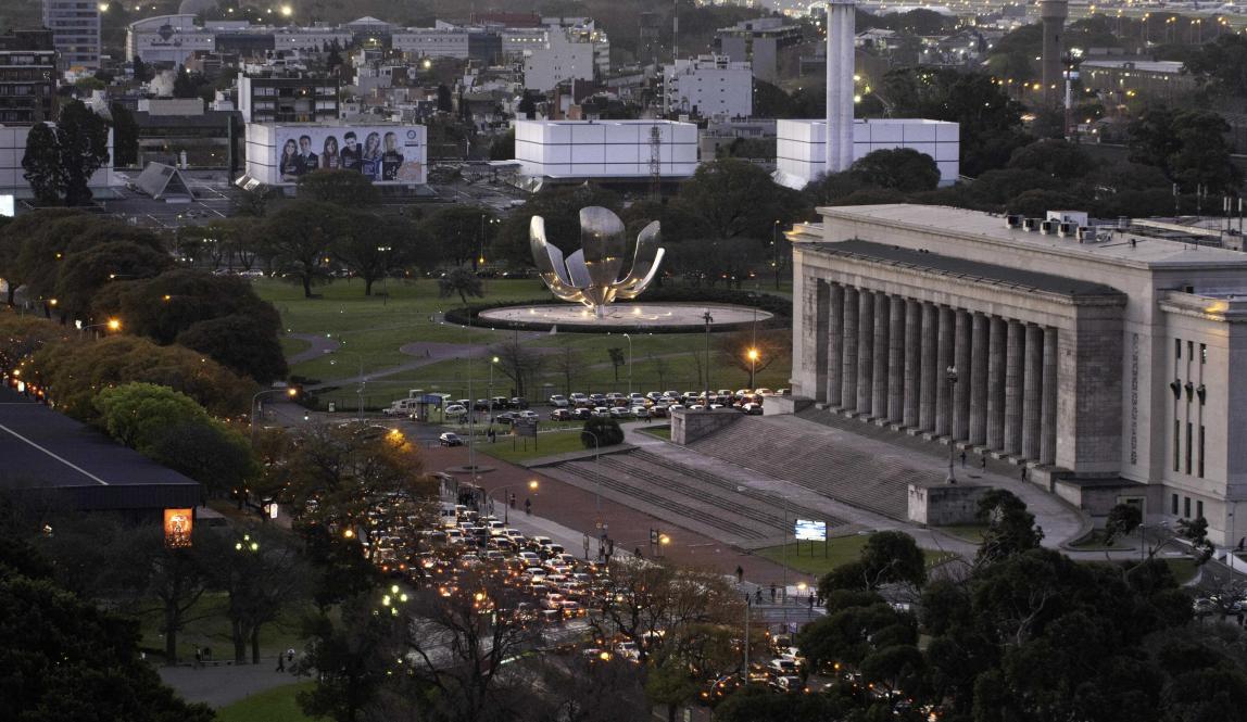 an aerial view of a Buenos Park and the art installation, Floralis Generica