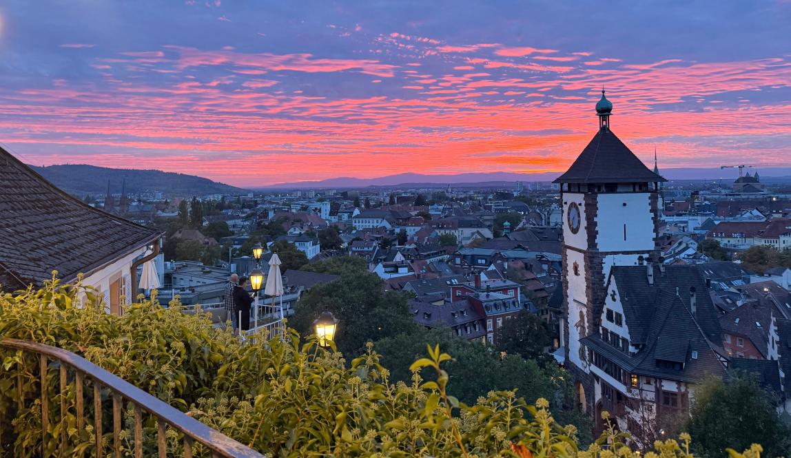 Looking out into the skyline of Freiburg at sunset