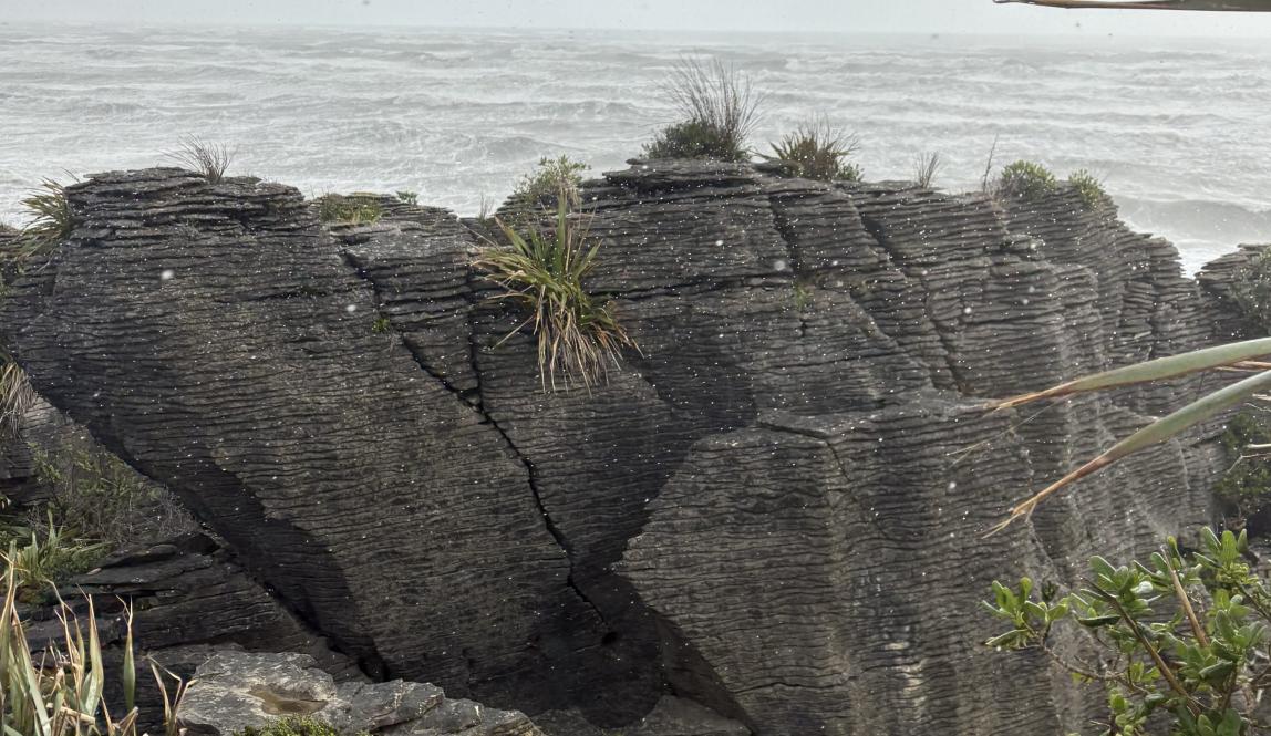 A photo of pancake rocks which are layered rocks made of limestone.