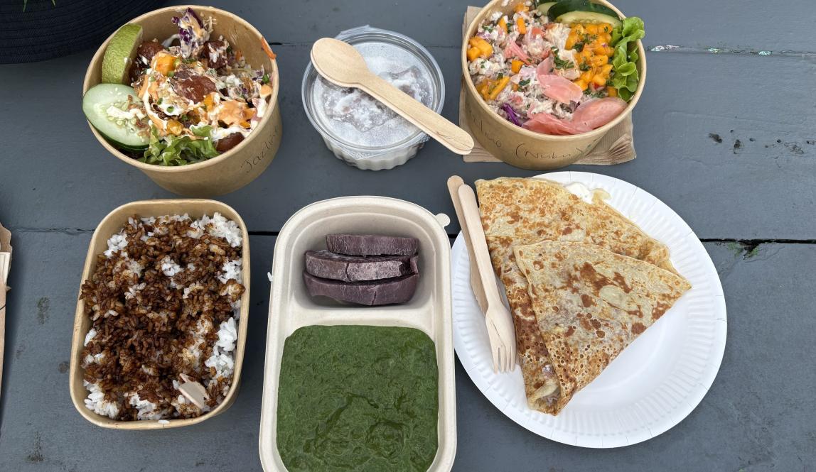 An array of six different foods on a table.