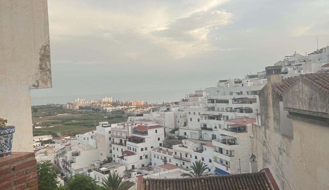 White houses sitting on a hill with the ocean in the horizon