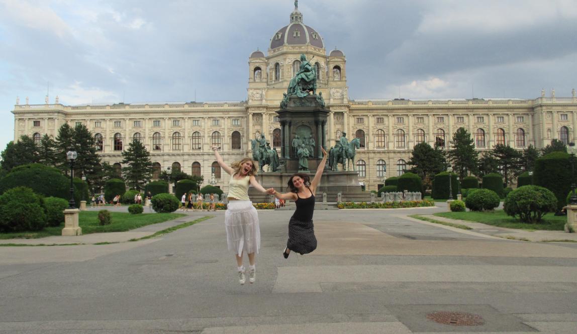 Jumping around in the Museumsquartier in Vienna, Austria.