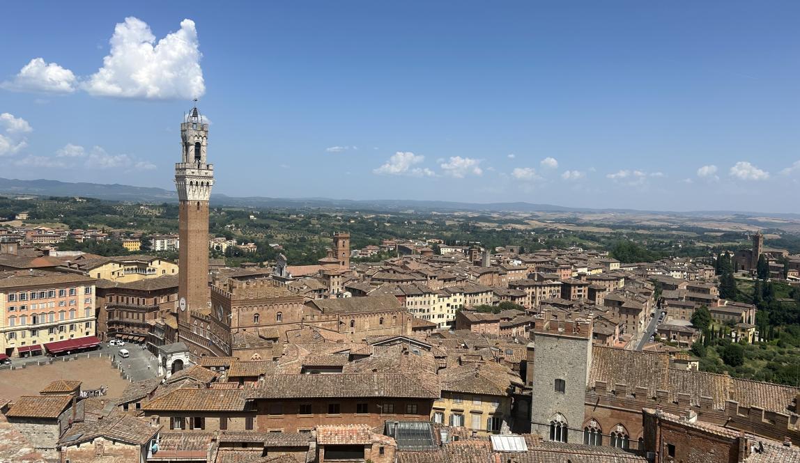 Aerial view overlooking buildings in Siena