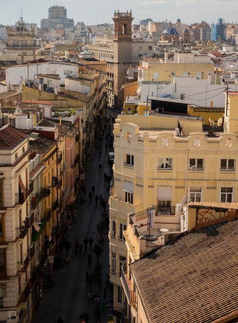 The intersection of a street, viewed from above the buildings.