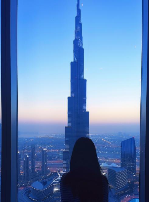 person standing in front of a window with the burj khalifa in the background