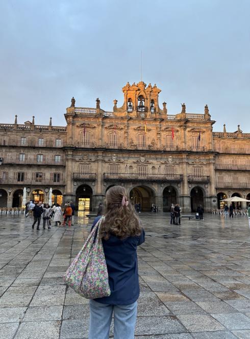 A student glances at the Palacio in Salamanca.
