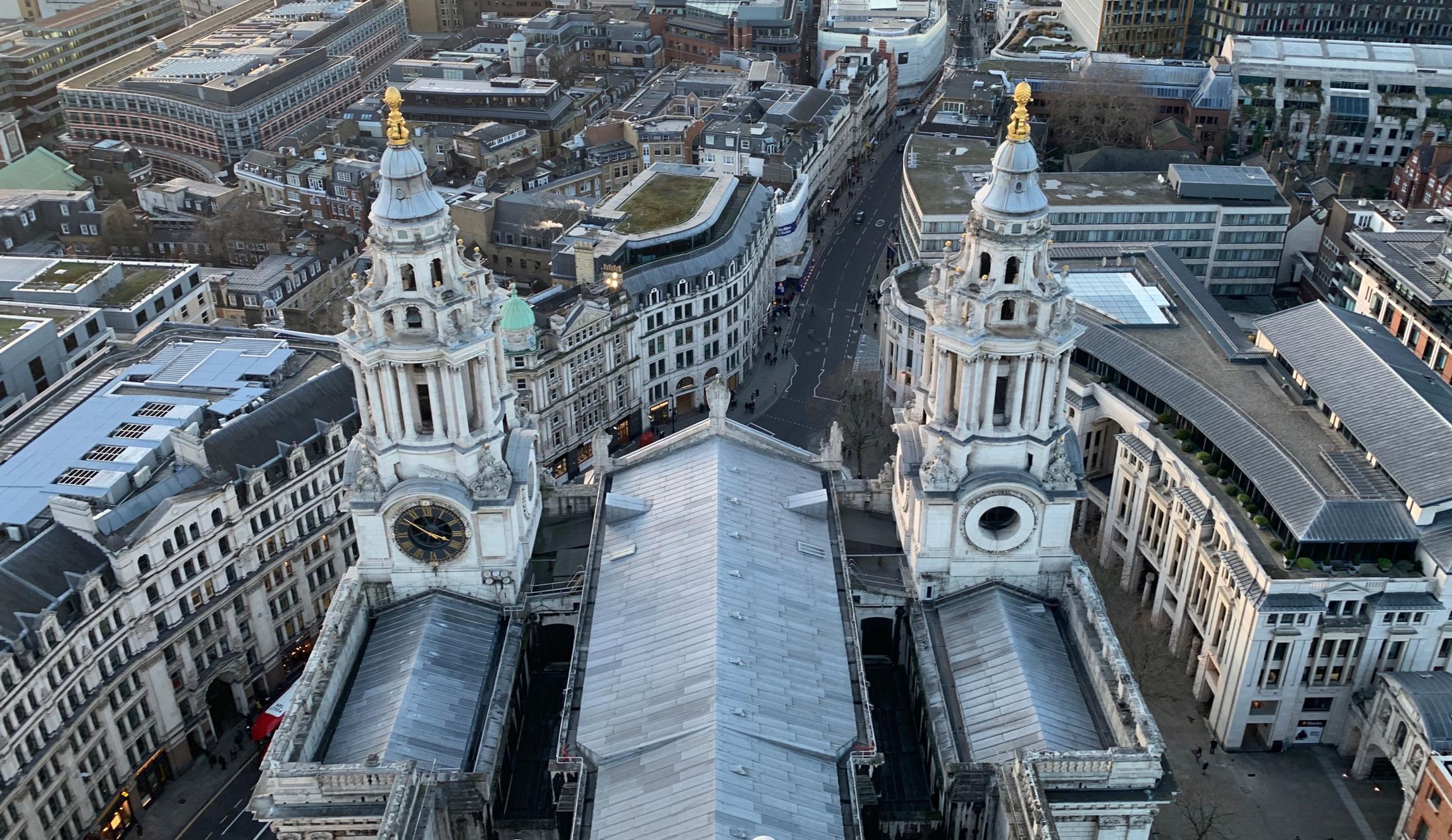 an aerial view of St. Paul's Cathedral in London