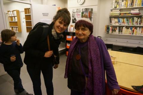 Agnès Varda standing with a student at the IES Abroad Paris French Studies Center