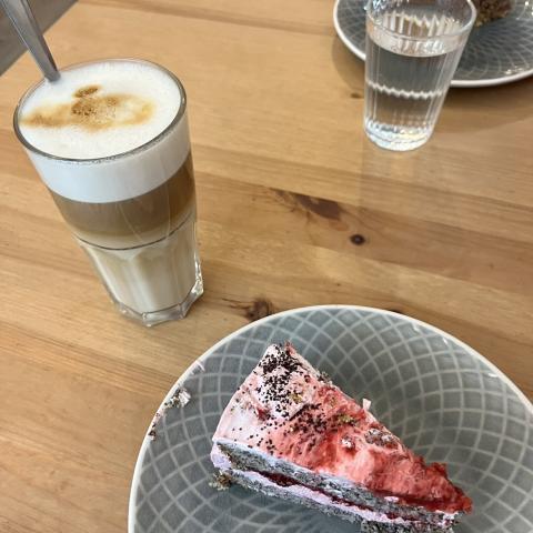 Raspberry cake and chai latte