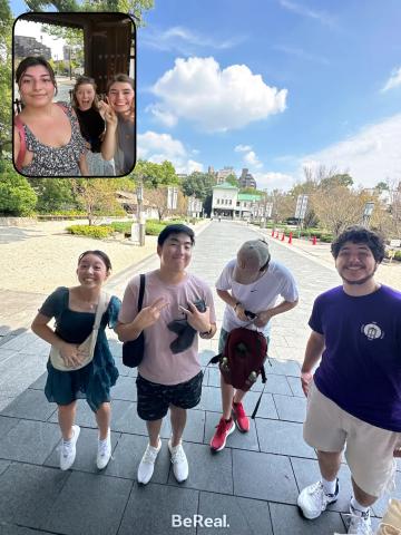 A BeReal depicting myself and a friend in the top left with the rear camera facing the rest of my friends with the Tokugawa Art Museum in the background.
