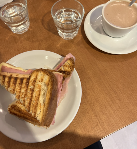 Ham and Cheese Sandwhich and Hot chocolate