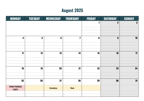 A planning calendar for abroad, organizing the dates and actives for each of those days, including important deadlines and due dates.