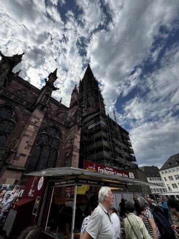 A tall cathedral and cathedral market