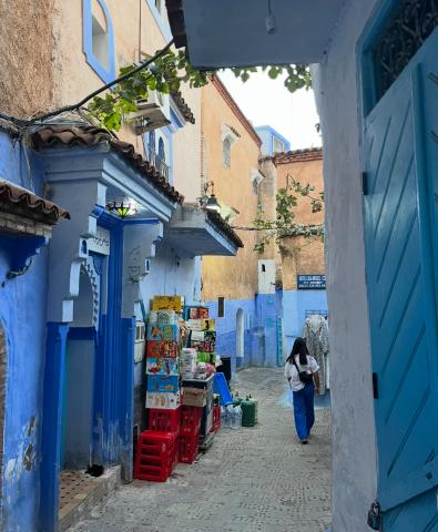 A girl with black hair, a white blouse, and blue pants walks through an alley in Chefchaouen. To her left is a small business with colorful boxes of food, and vines traverse the empty space between buildings above her head.