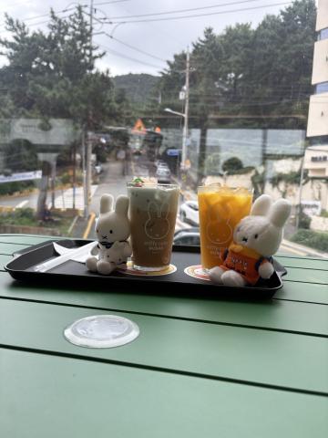 This is a photo of two small Miffy keychain plushies next to the drinks that we got from the Miffy Cafe in Busan.