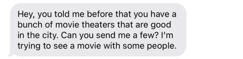 A text message that is asking for movie theater recommendations in Amsterdam.