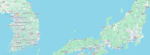 A picture of google maps showing a dropped pin of where the Tokyo and Seoul Centers are located for the Multi-Location Program