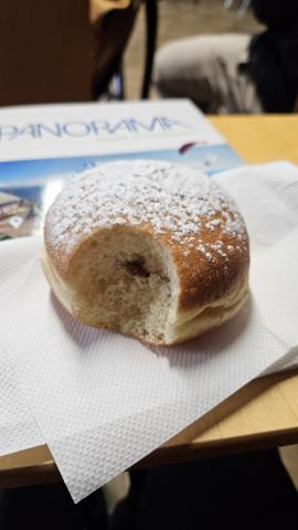 A traditional Austrian donut filled with apricot jam and topped with powdered sugar!