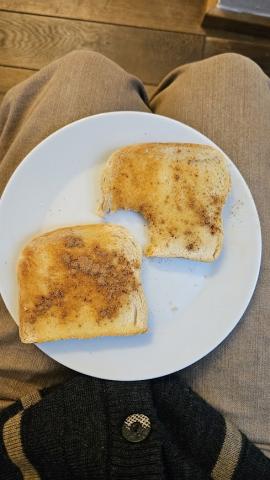 A simple plate of buttered toast with cinnamon and honey.