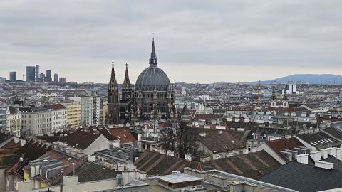 A photo of Vienna's Maria vom Siege, from far away, swimming in the city of Vienna.