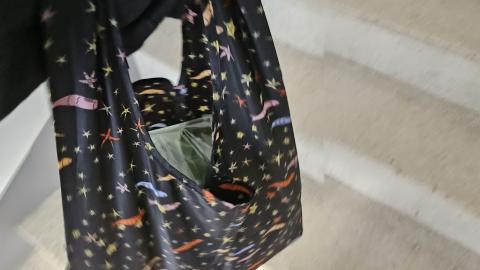 A reusable Baggu grocery bag, unfolded, filled with groceries.