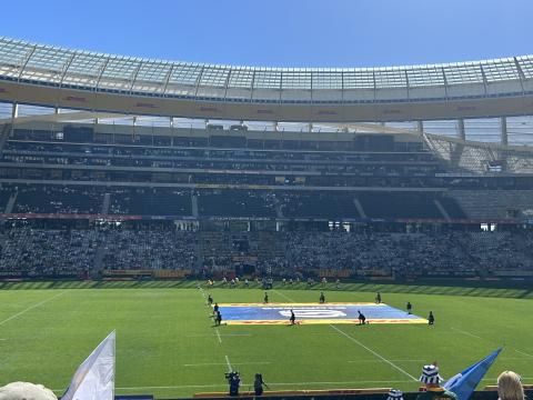 A photo of the rugby field at the DHL/Cape Town Stadium