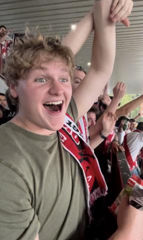 A few of my friends celebrating a goal at a Rayo Vallecano match.