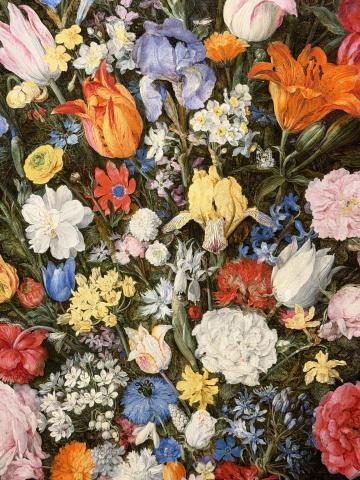 A close-up shot of many multicolor flowers painted in a realistic style.