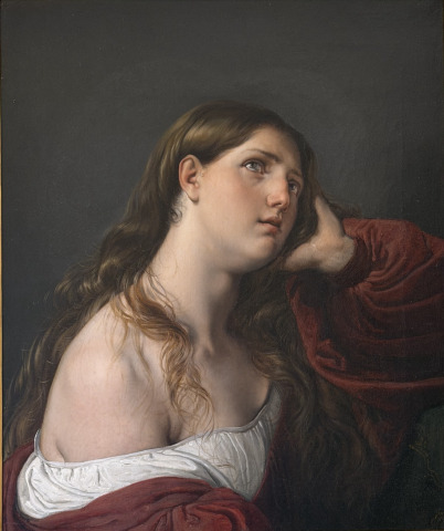 A woman wearing a red velvet gown is sitting with one shoulder exposed. She props her head up on her hand with a sorrowful expression as she looks off into the distance.