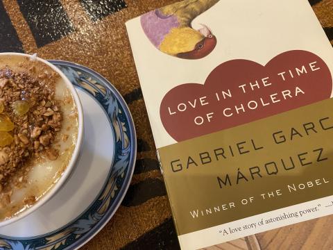Reading Love in the Time of Cholera in Jerusalem Books Cafe.